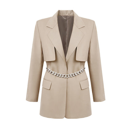 Element Spring Autumn Niche Design Fried Street Quality Metal Waist Tight Profile Mid Length Women Beige Gray
