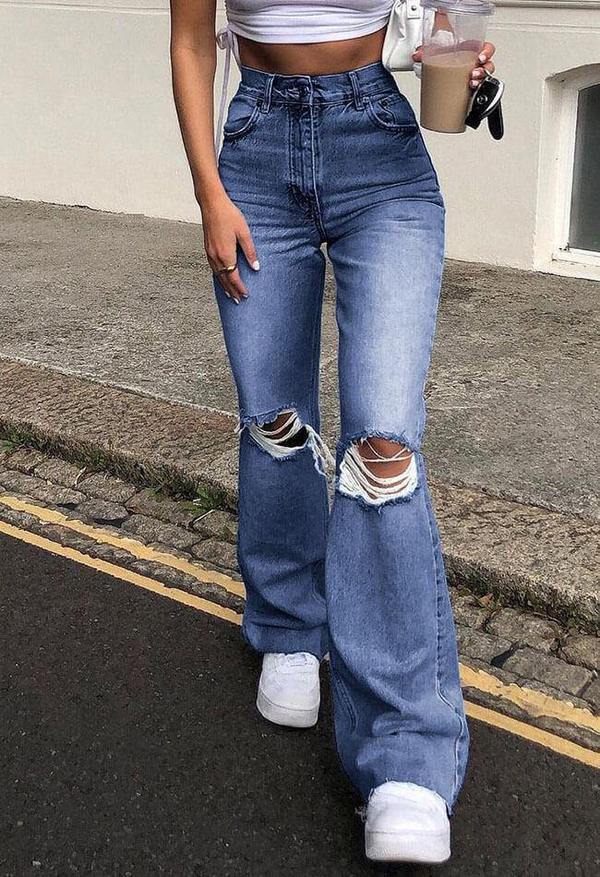 Stretch Slim Knee Hole Bell-Bottom Pants Navy Blue