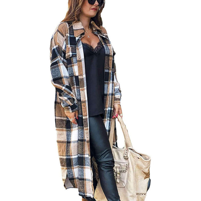 Plaid Woolen Slim Long Coat Khaki