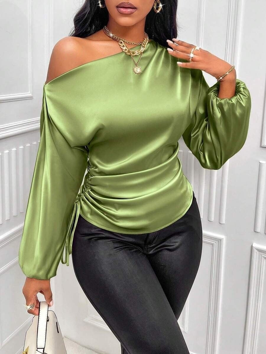 One Shoulder Long Sleeves Top Green