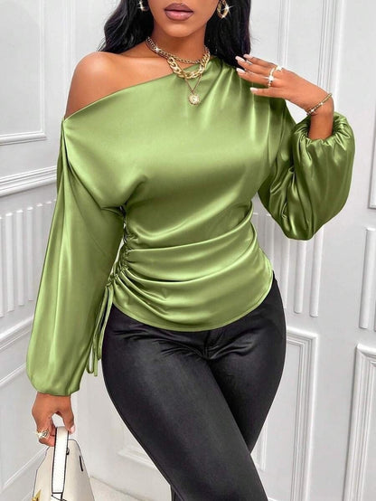 One Shoulder Long Sleeves Top Green