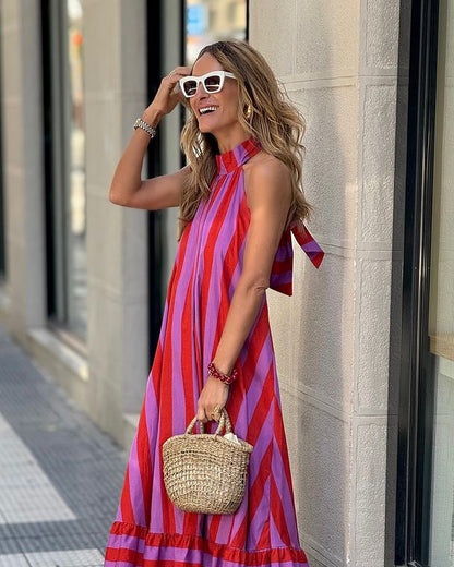 Dress Internet Celebrity Halter Backless Striped Printing Length Dress Multi