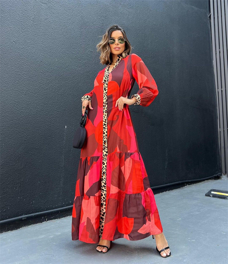 Bright Print Stitching Bag Buckle Dress Casual Women Maxi Dress Multi