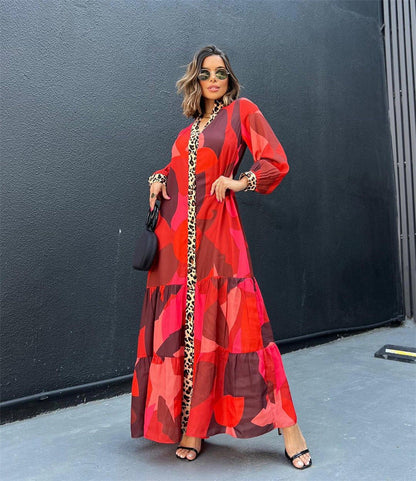 Bright Print Stitching Bag Buckle Dress Casual Women Maxi Dress Multi