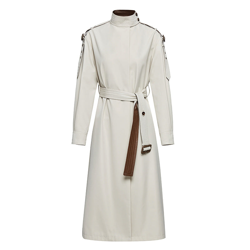 Leather Patchwork Two-Color Trench Coat Stone White