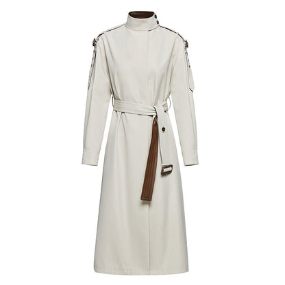 Leather Patchwork Two-Color Trench Coat Stone White