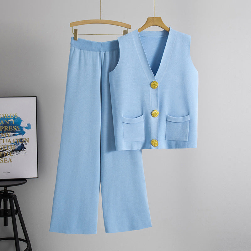 V neck Knitted Two Piece Set One Size skyblue