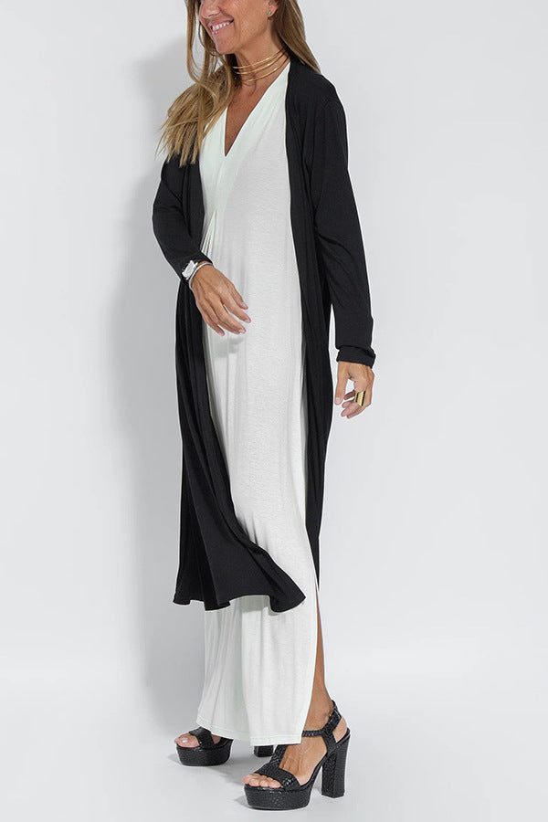 Solid Color Pullover V Neck Dress Cardigan Coat Set Women Black Coat
