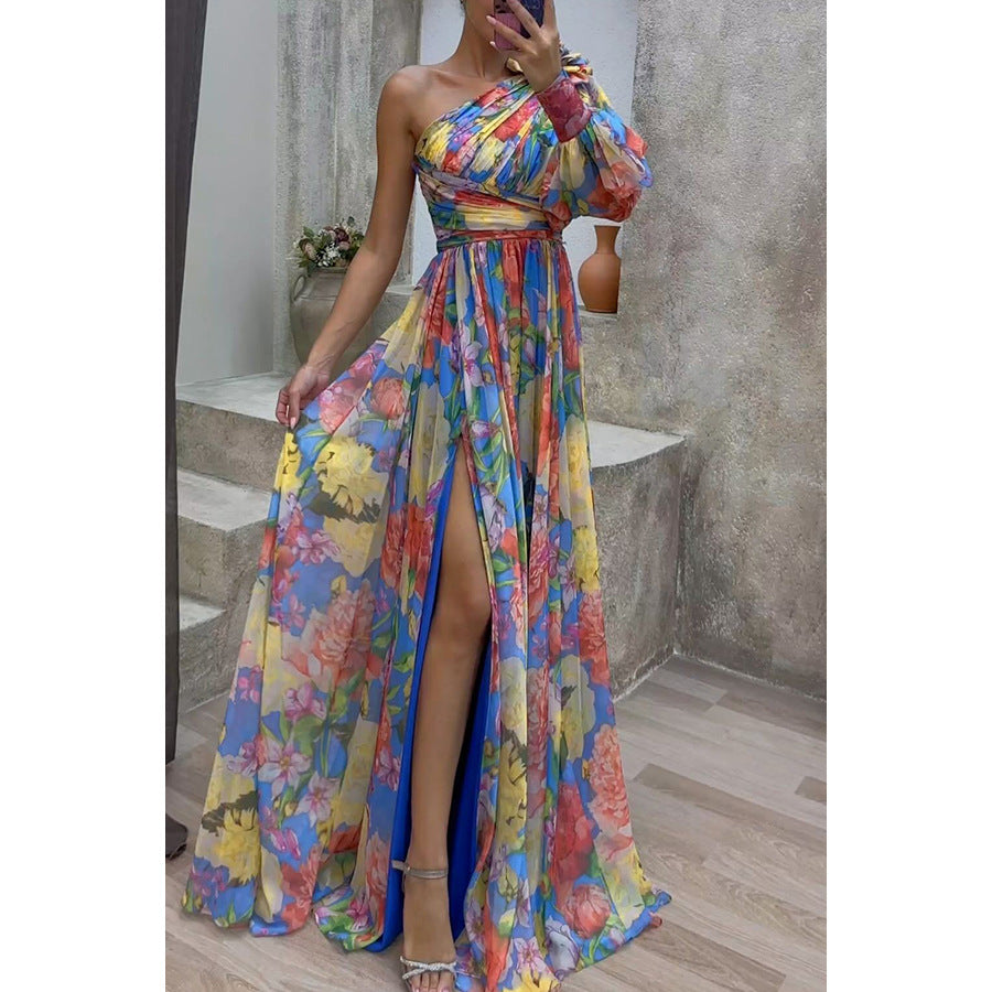 Printed One Shoulder High Split Maxi Dress Blue