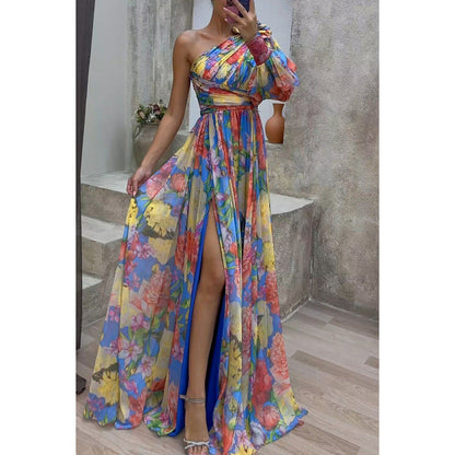 Printed One Shoulder High Split Maxi Dress Blue