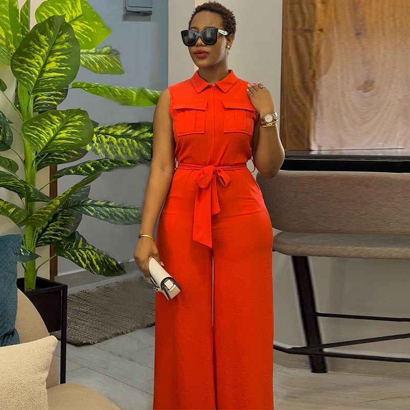 Polo Collar Sleeveless Jumpsuit Orange