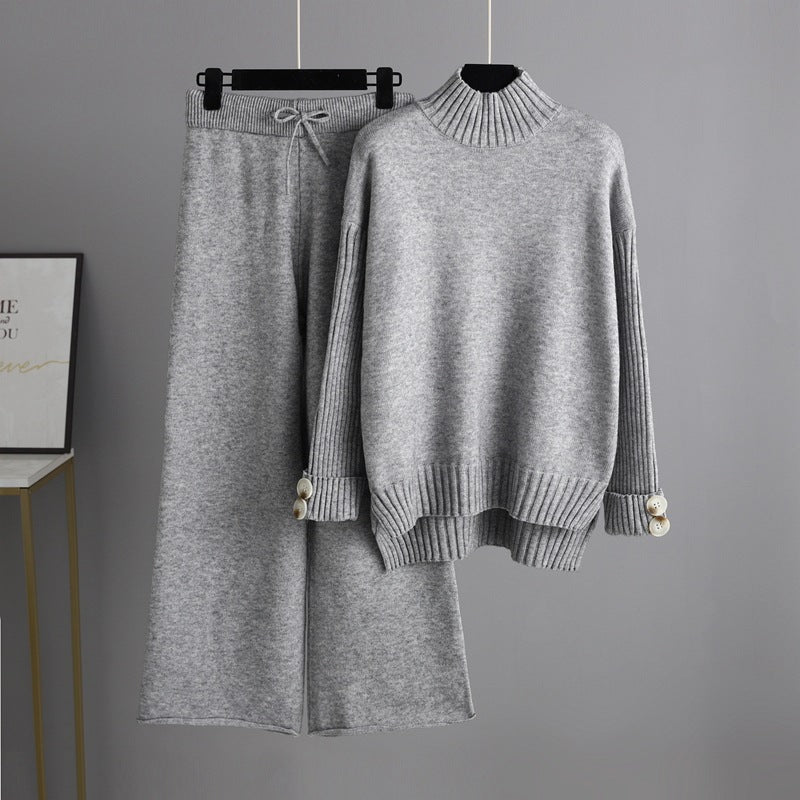 High Collar Solid Knit Set One Size Gray