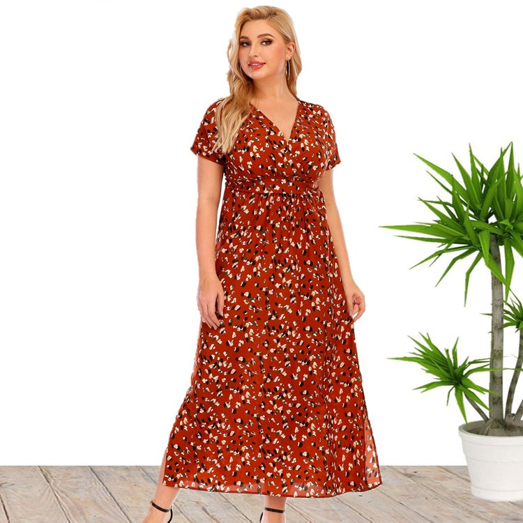 Curvy Floral Dress V-neck Split Dress Brown