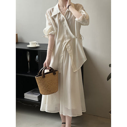 Shirt Skirt Women Summer Thin Lace up Shirt Skirt Two Piece Set Ivory