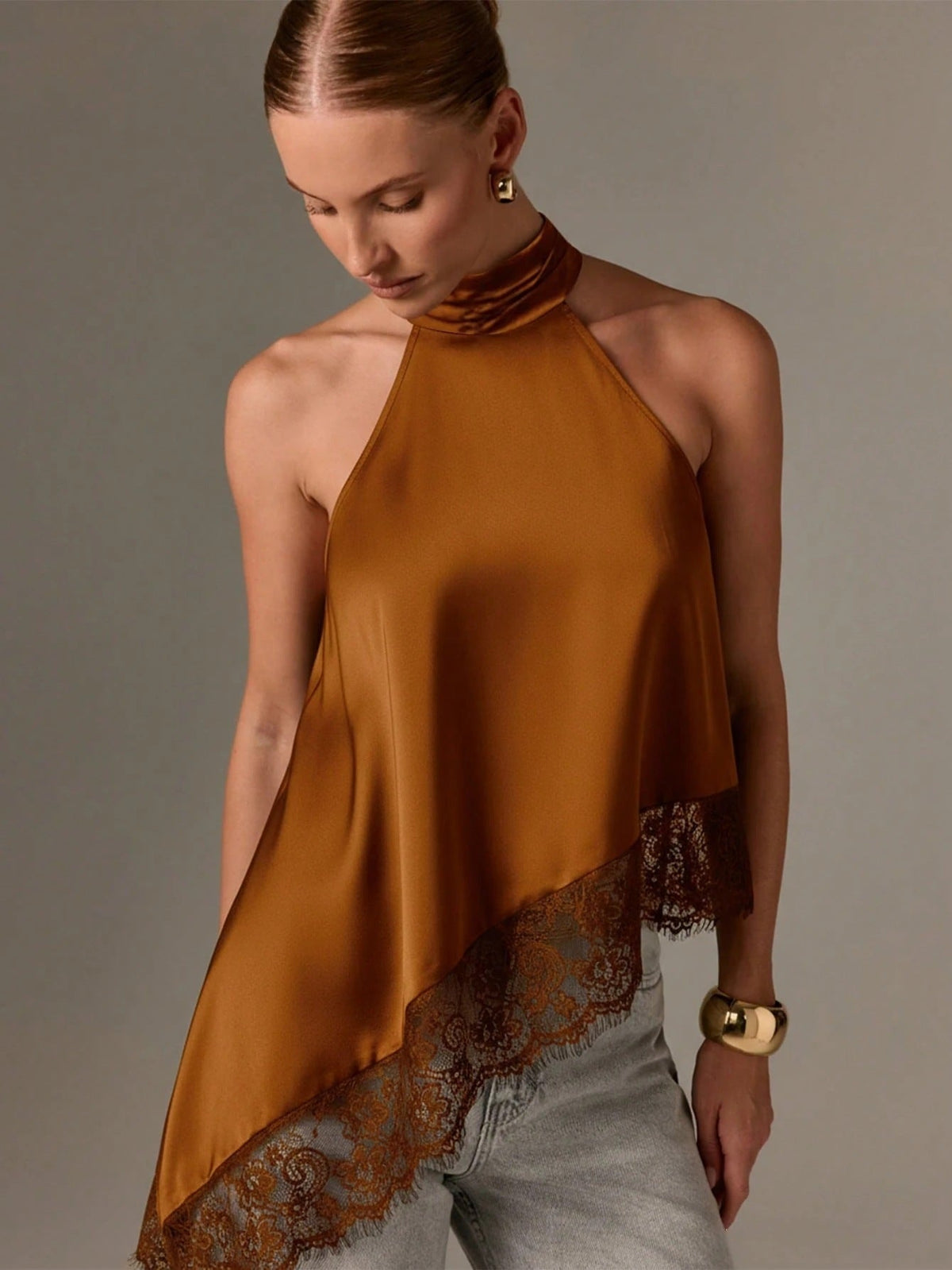 Clidress Button Neck Lace Patchwork Irregular Top 11 Colors-5 Size Brown