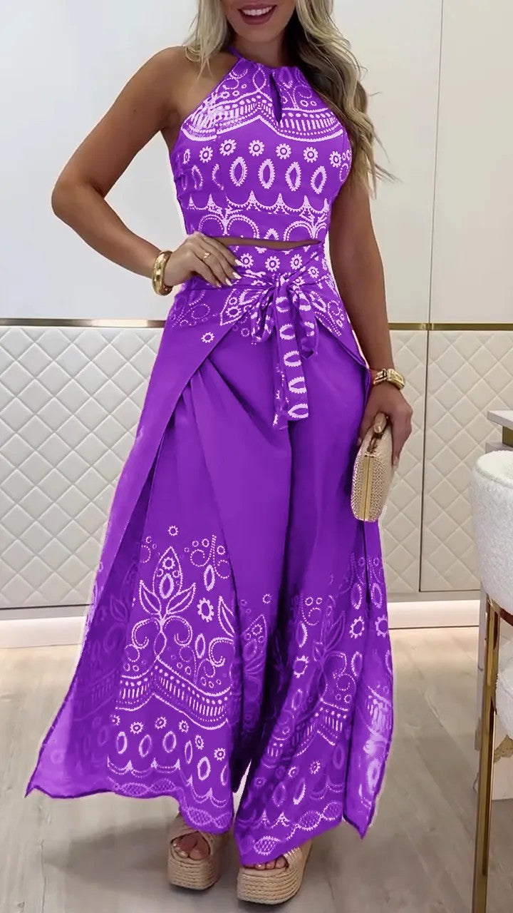 Boho Halter Top & Wide Leg Pants Two Piece Sets Purple