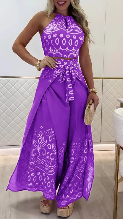 Boho Halter Top & Wide Leg Pants Two Piece Sets Purple
