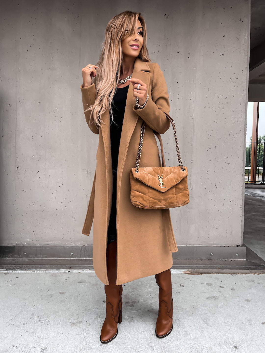 Solid Color Woolen Long Sleeve Trench Coat