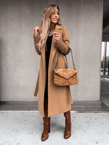 Solid Color Woolen Long Sleeve Trench Coat