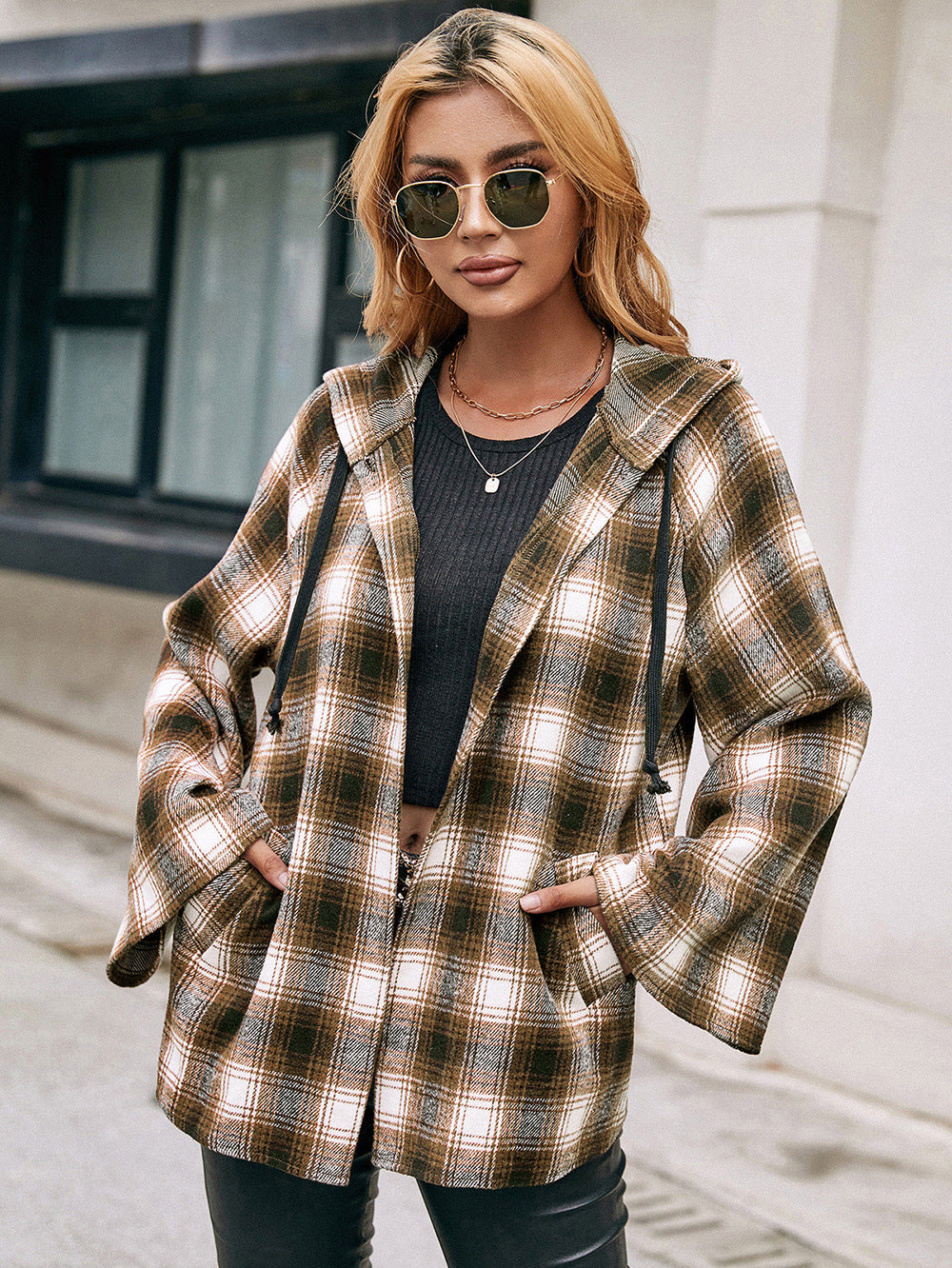 Checked Plaid Hooded Shirt Jacket
