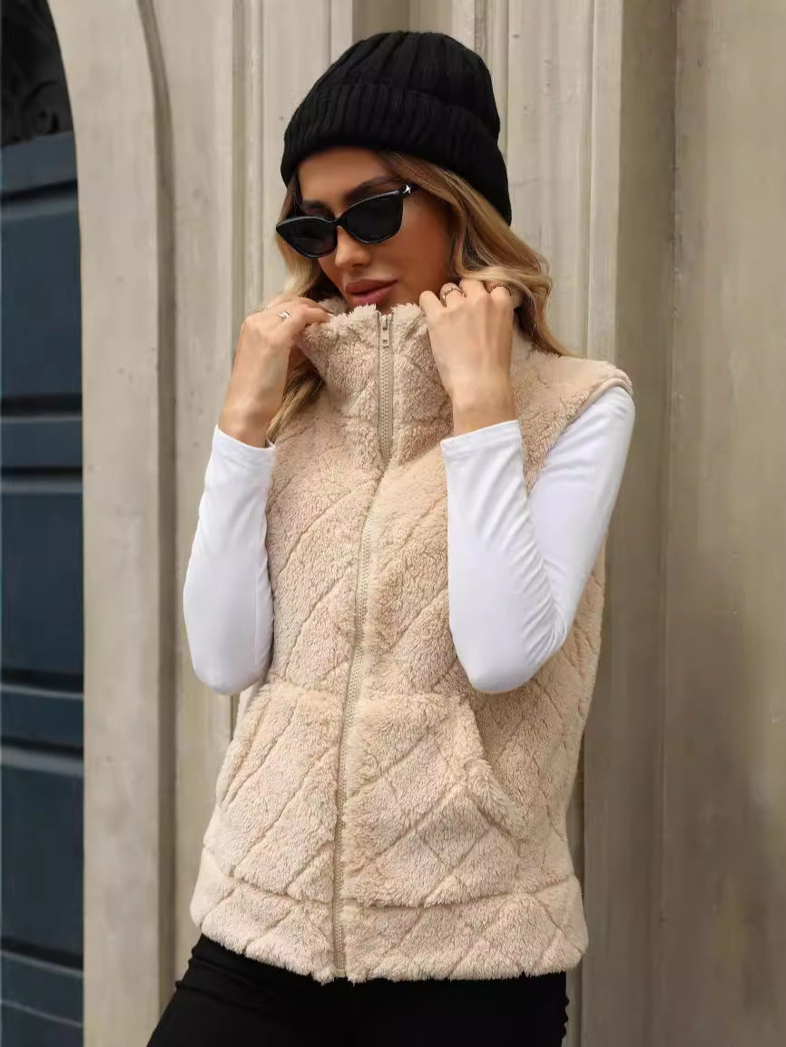Diamond Lattice Plush Cardigan Vest Apricot