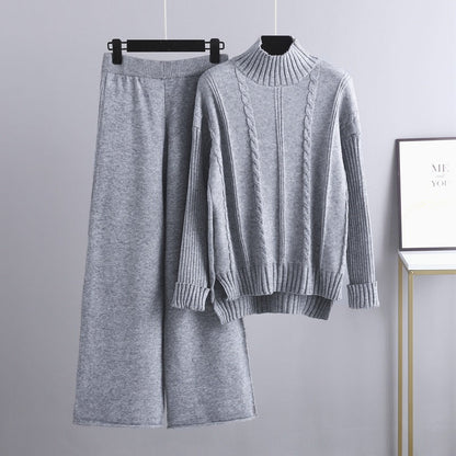 Mock Neck Cable Knitted Two Piece Set One Size Gray
