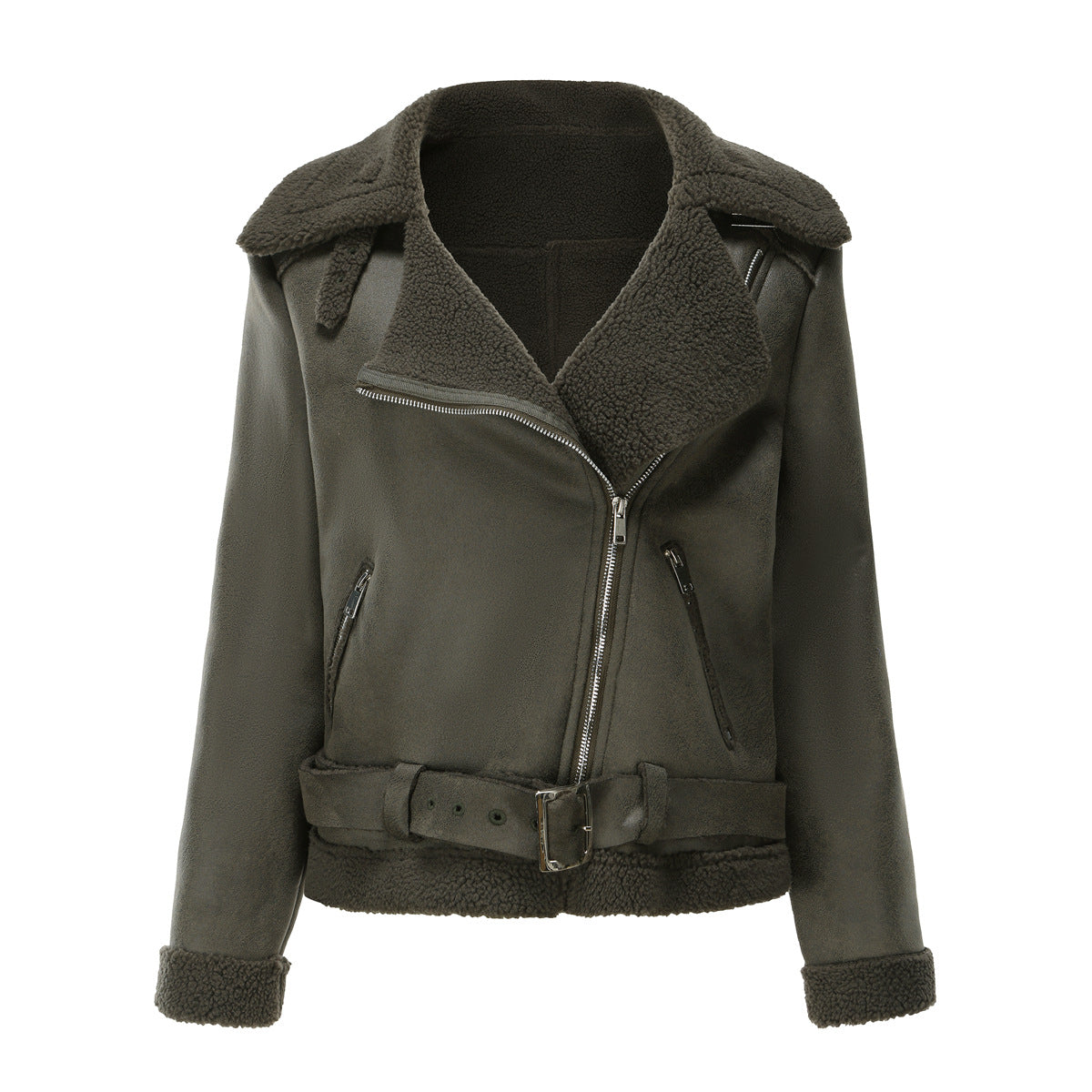 Vegan Leather Shearling Jacket Army Green