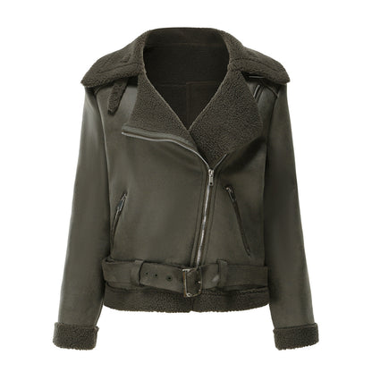 Vegan Leather Shearling Jacket Army Green