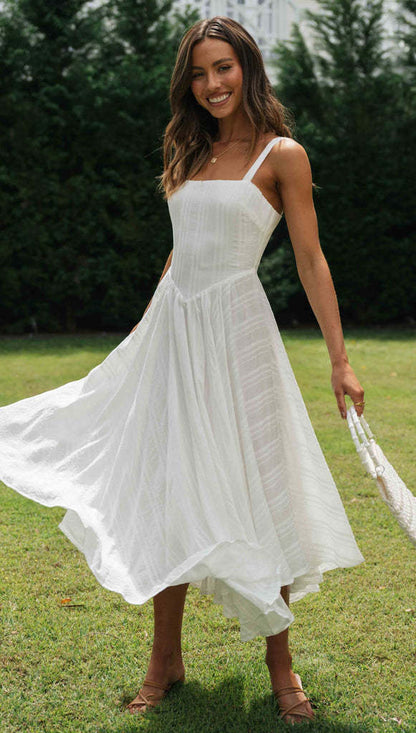 Sleeveless Maxi Dress with Irregular Asymmetric Hem White