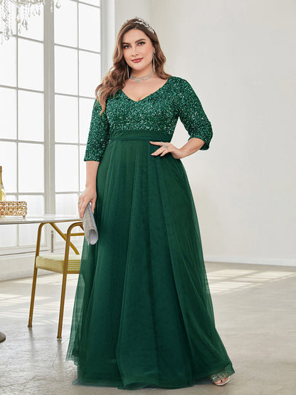 Plus Size V Neck Short Sleeve Sequined Tulle A line Evening Dress Party Dress blackish green