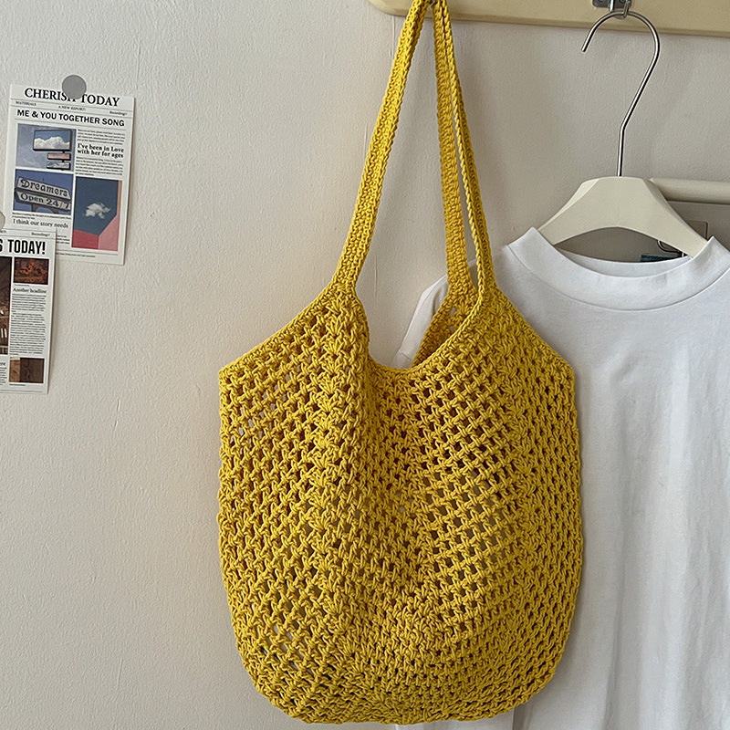 Casual Eco-Friendly Cotton Woven Bag One Size Hollow Carambola with Inner Bag Yellow