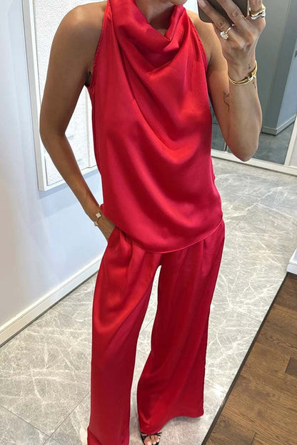 Clidress Satin Halter Top & Pants  Set