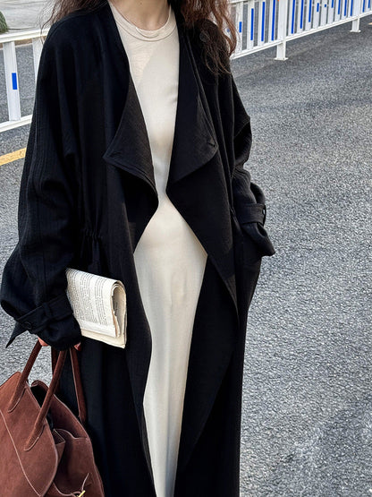 Cotton Linen Drawstring Long Coat Black