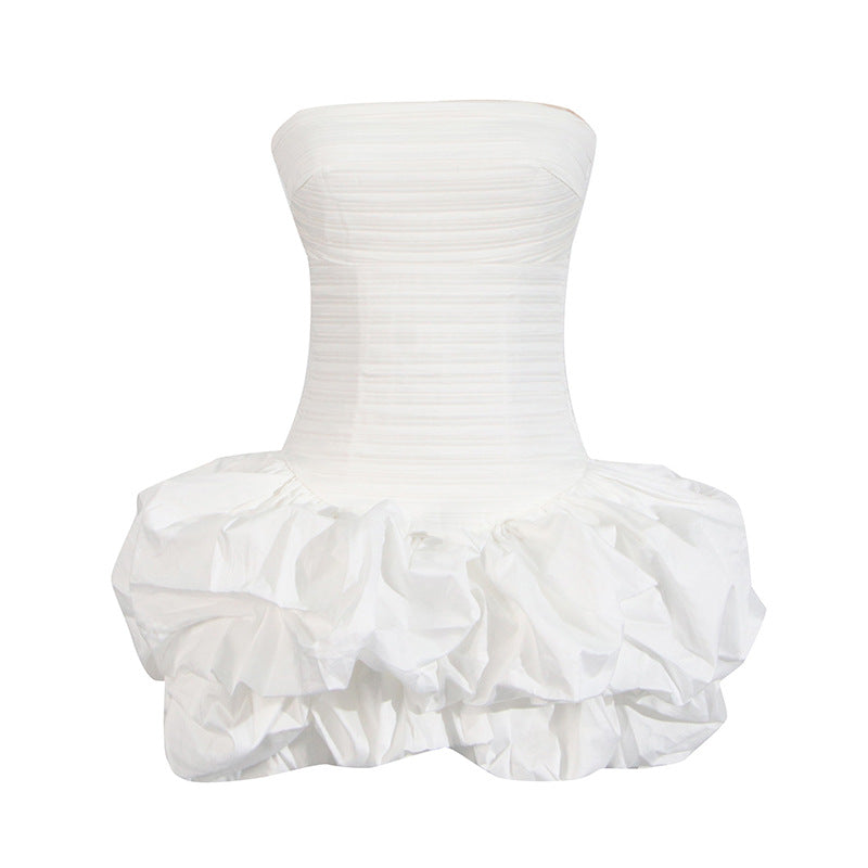Tube Top High Waist Pleated Dress Women White