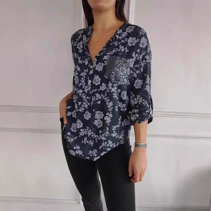 Spring Loose Casual Long Sleeves Printed Sequined Pocket Shirt