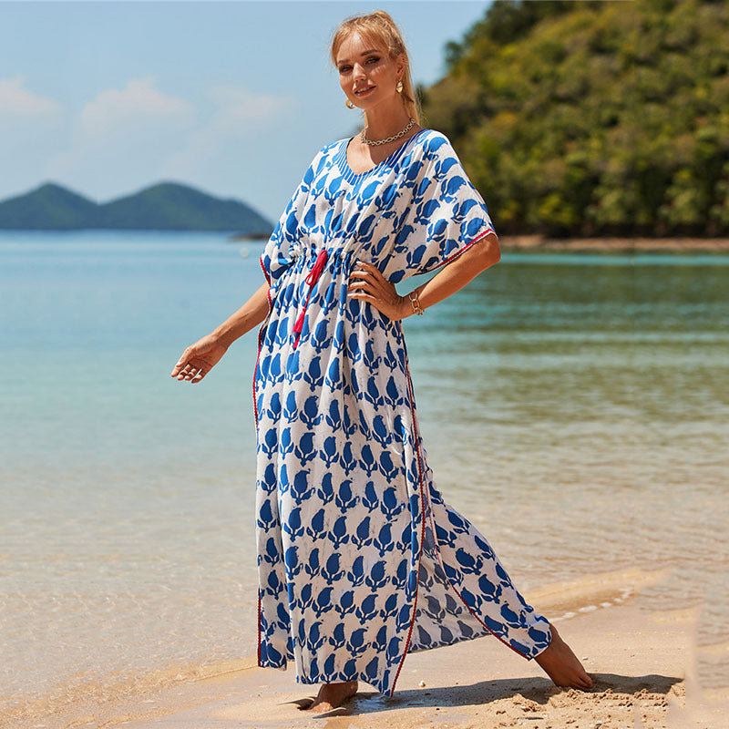 Rayon Positioning Printing Beach Cover-up Vacation Maxi Dress Sun Protection Shirt Beach Cover Up