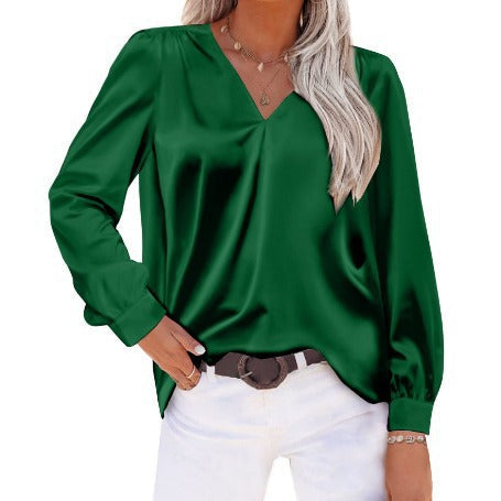 Satin Pleated Long Sleeved Top V neck Casual Green