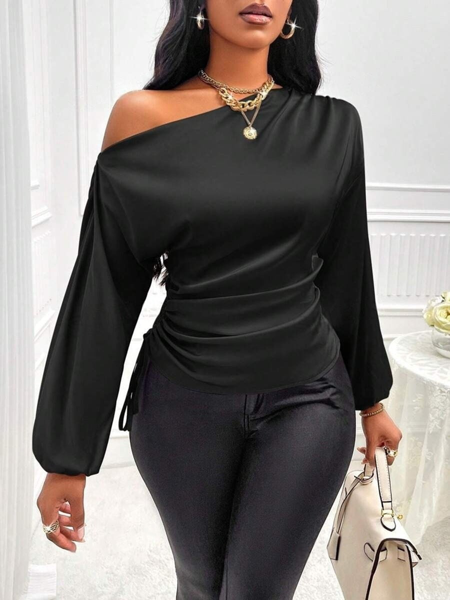 One Shoulder Long Sleeves Top Black