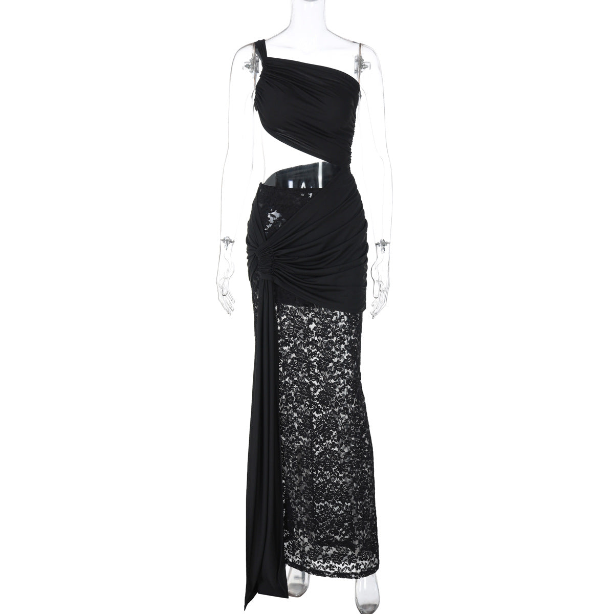 Sexy Mid Waist Hollow Out Cutout Lace Strap Dress Black