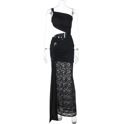 Sexy Mid Waist Hollow Out Cutout Lace Strap Dress Black