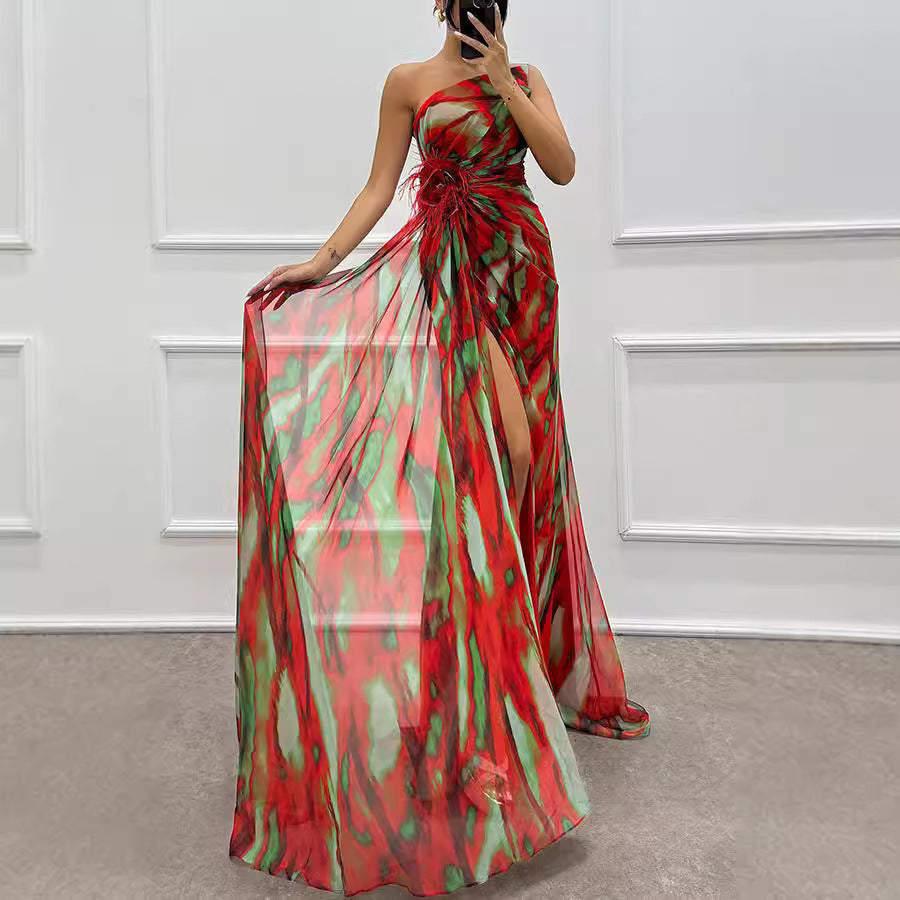 Printed Wedding Guest Dress Burgundy