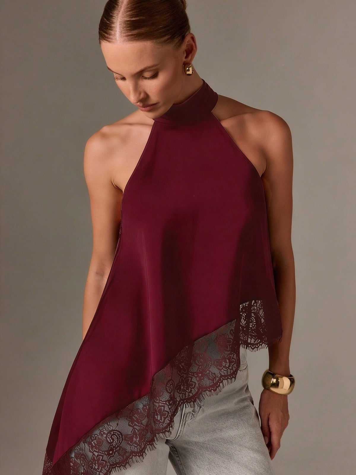 Clidress Button Neck Lace Patchwork Irregular Top 11 Colors-5 Size Wine Red