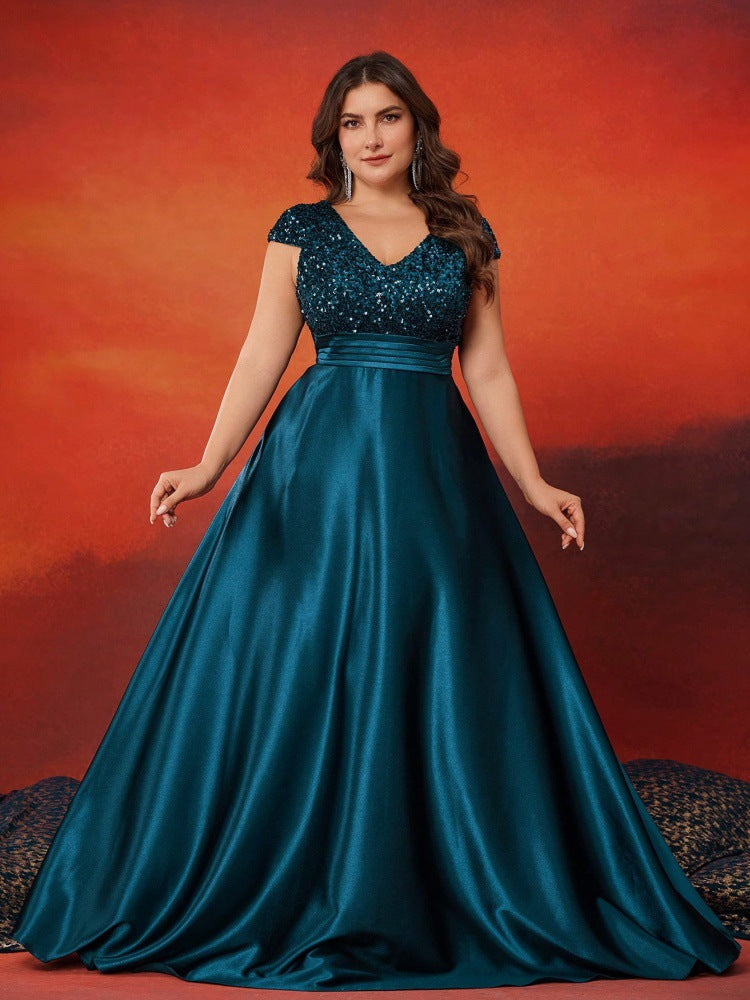 Sequined V neck Evening Dress Duck Blue