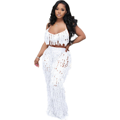 Sexy See through Crochet Tassel Beach Suit White