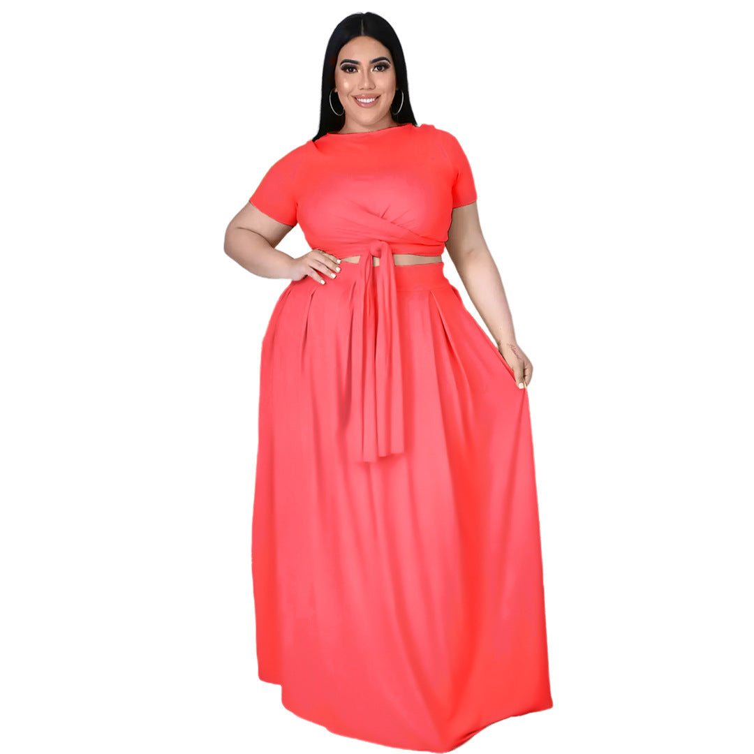 Curvy Solid Color Two-Piece Set Pink