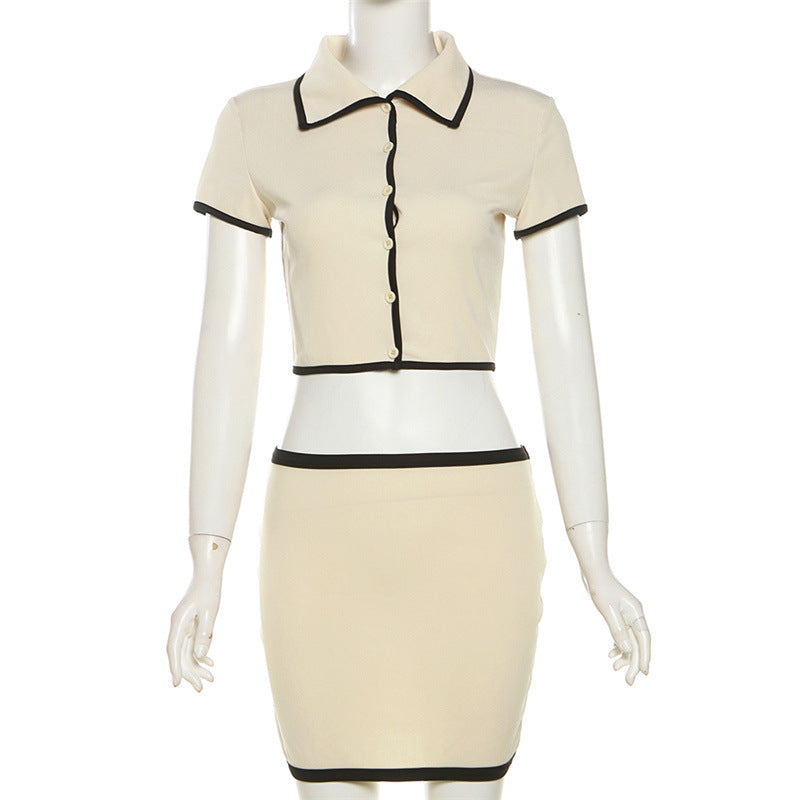 Spring Summer Women Wear Short Sleeved Cardigan Collared Sexy Sheath Skirt Set Skirt Khaki