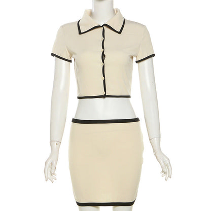 Spring Summer Women Wear Short Sleeved Cardigan Collared Sexy Sheath Skirt Set Skirt Khaki