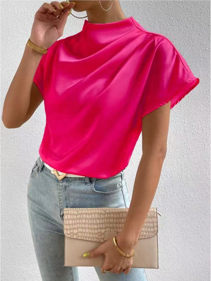 Round Neck Short Sleeve Pleated Top Coral Red