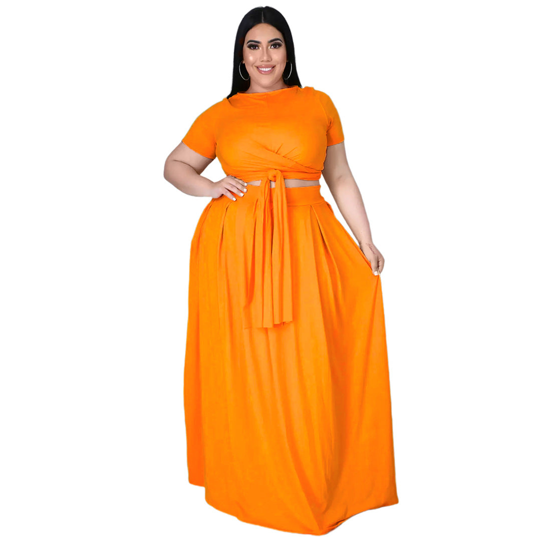 Curvy Solid Color Two-Piece Set Orange