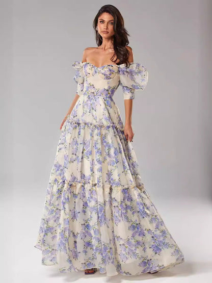 Off Shoulder Floral Printed Maxi Dress Blue